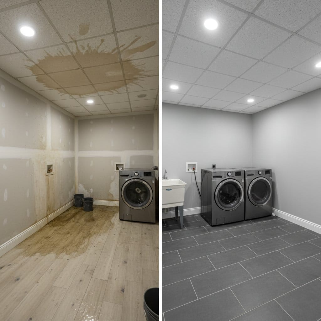 Burst Pipe & Plumbing Leak Damage restoration — laundry room of contemporary home in Glen Rock, NJ