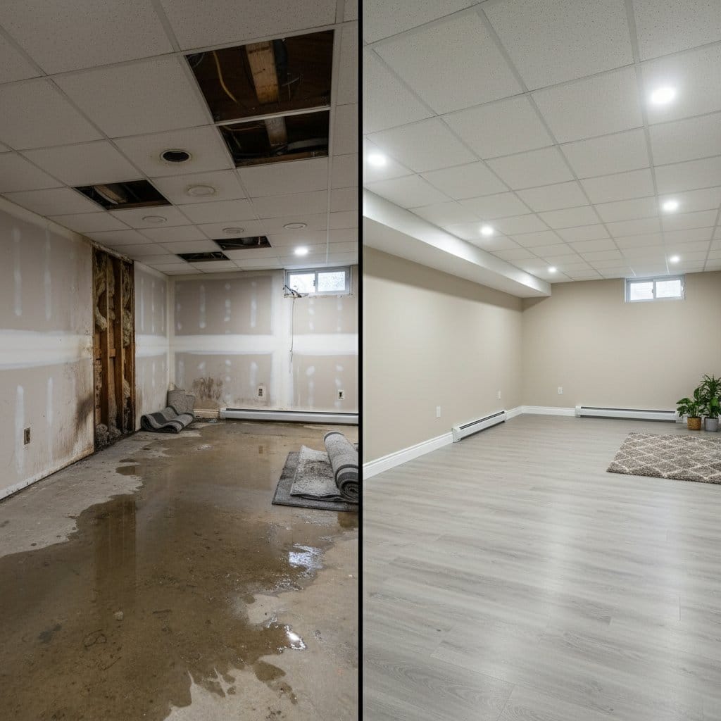 Sewage Backup Cleanup before and after in residential basement, Glen Rock NJ