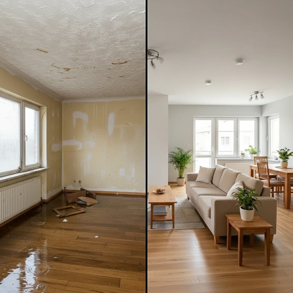 Structural Drying & Dehumidification before and after in living room, Glen Rock NJ