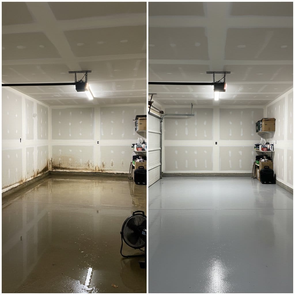 Carpet & Flooring Water Damage Cleanup before and after in garage, Glen Rock NJ
