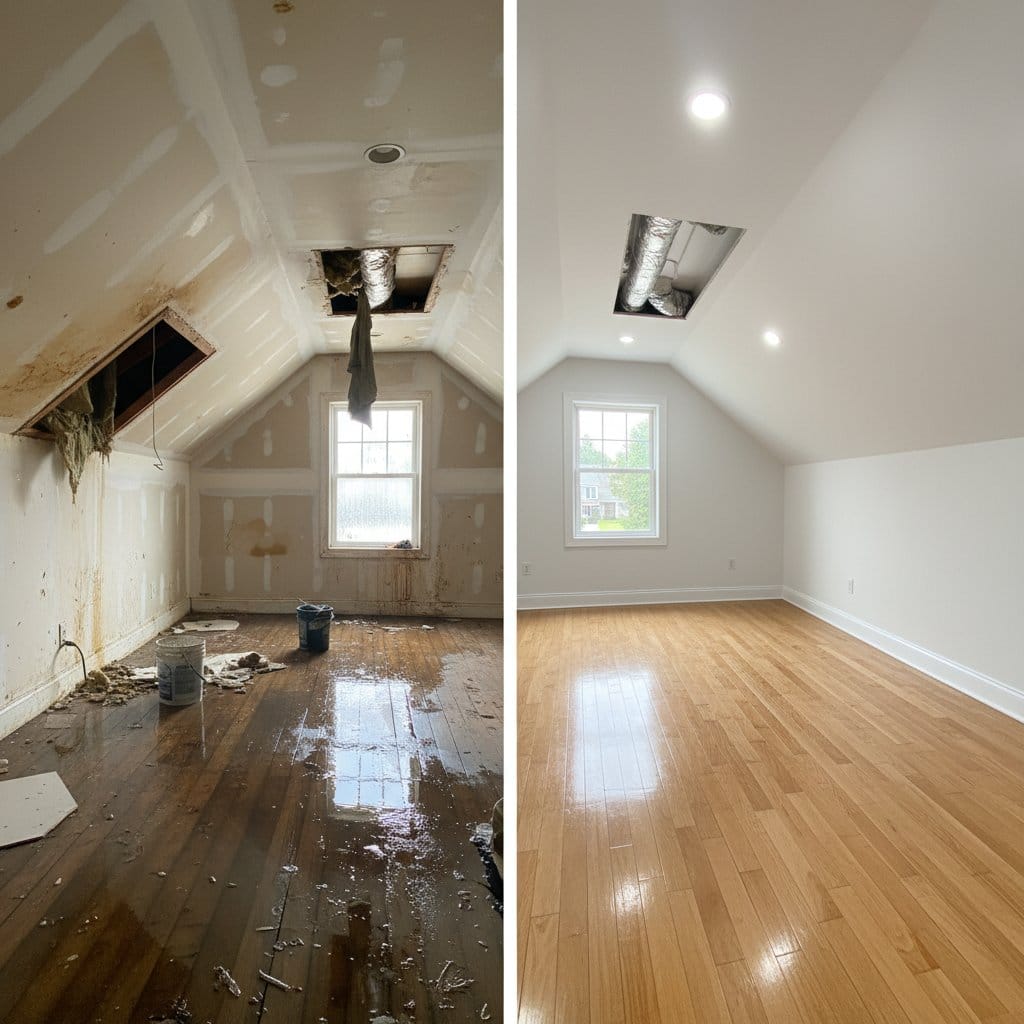 Before and after carpet & flooring water damage cleanup in Glen Rock single-family home attic space