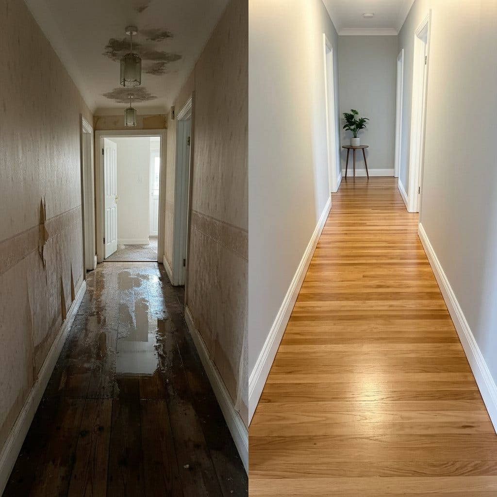 Wall & Ceiling Dry-Out before and after in hallway, Glen Rock NJ