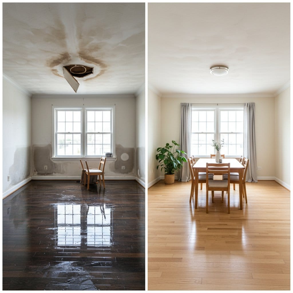 Before and after wall & ceiling dry-out in Glen Rock ranch-style home dining room