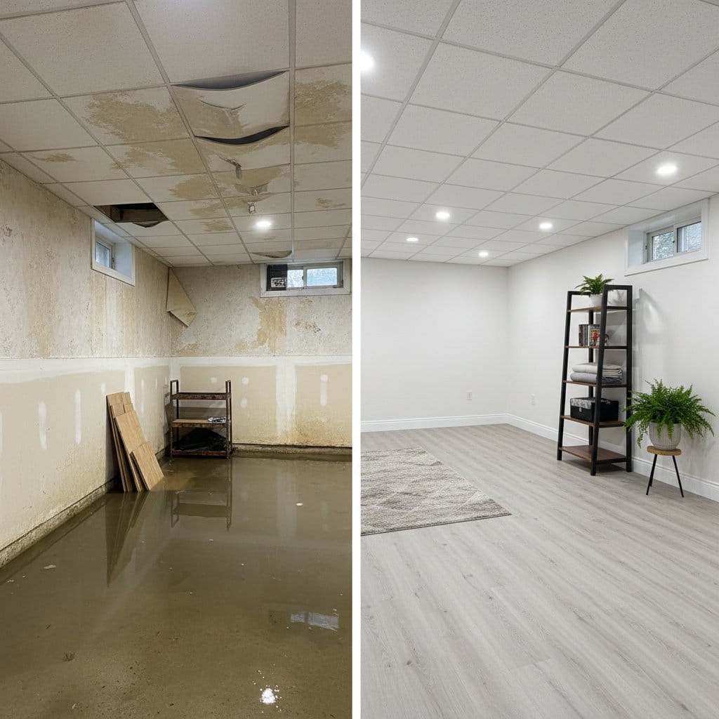 Mold Prevention After Water Damage before and after in residential basement, Glen Rock NJ