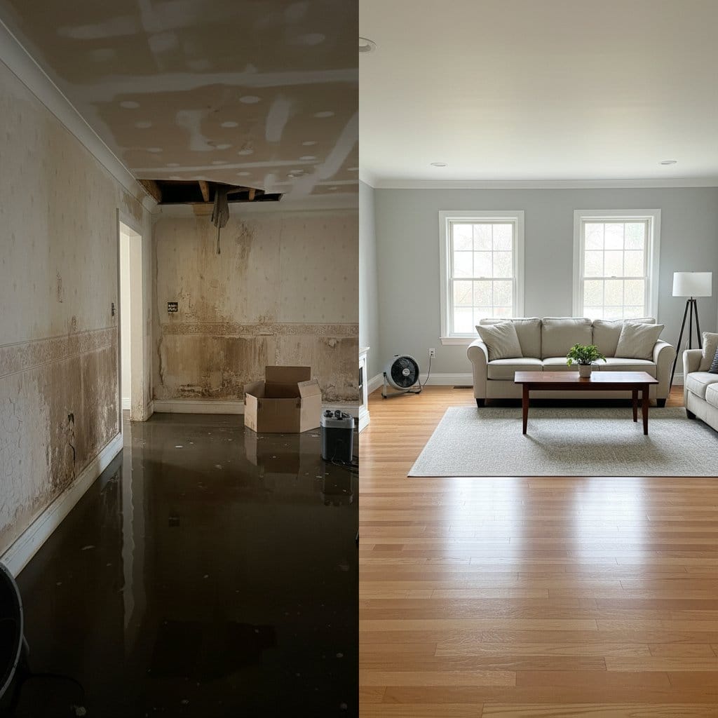 Glen Rock Water Damage Restoration living room restoration before and after in Glen Rock